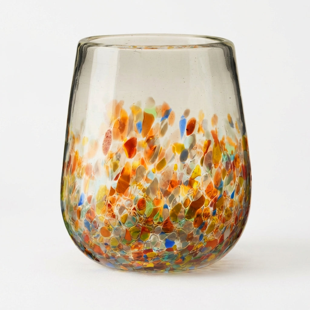 Close-up of stemless wine glass.