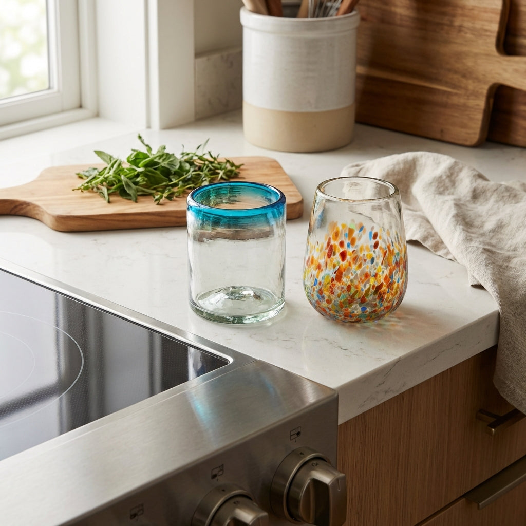Recycled glassware on kitchen counter.