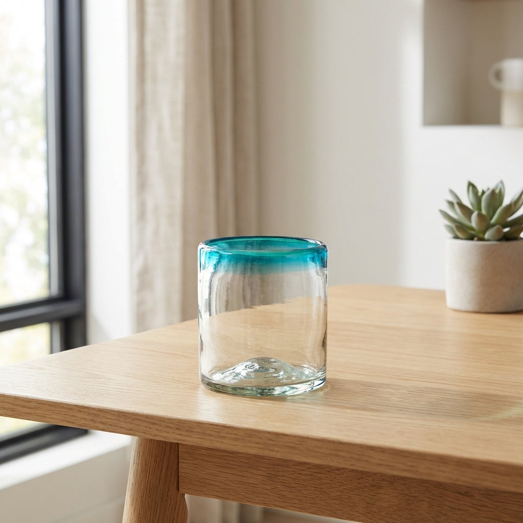 Single tumbler on wooden table.