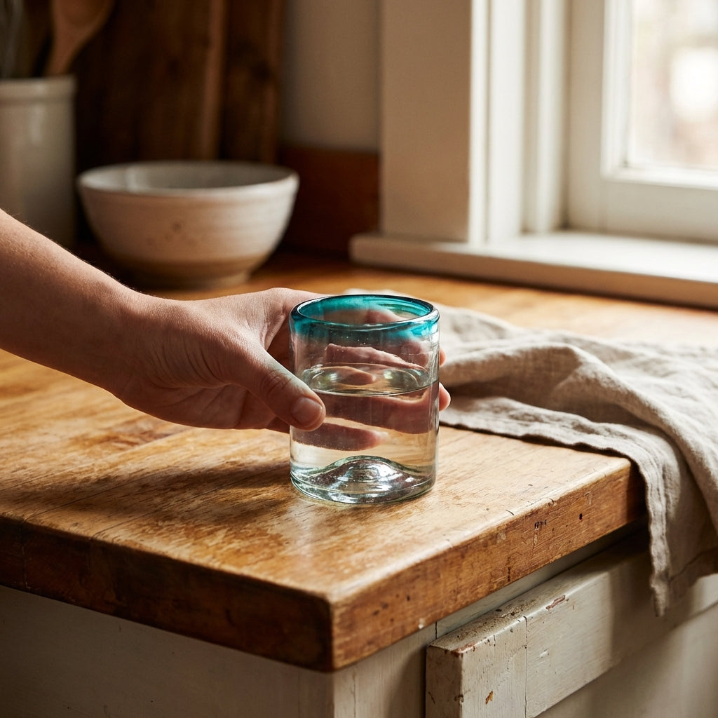 Hand holding 100% recycled artisan tumbler on kitchen counter.