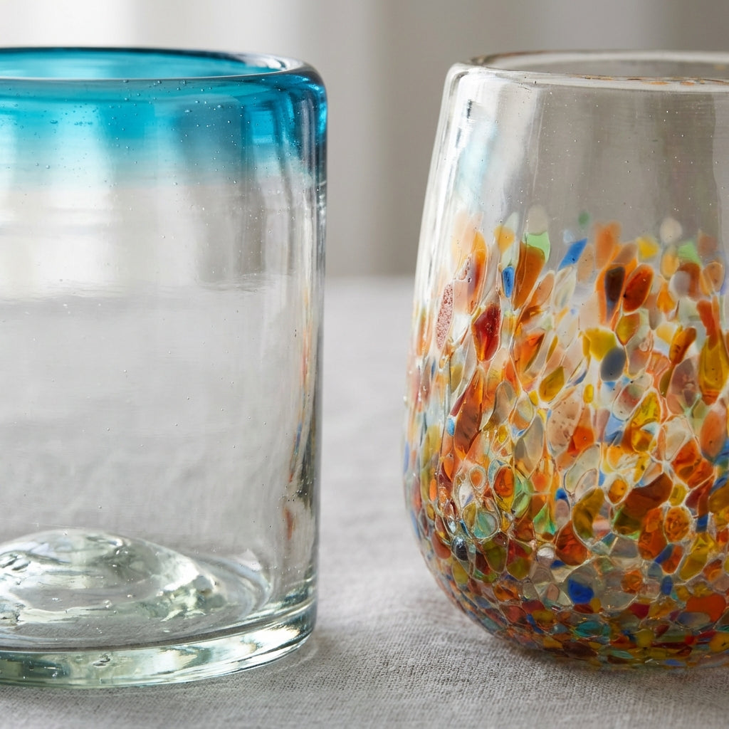 Close-up of recycled glassware quality.