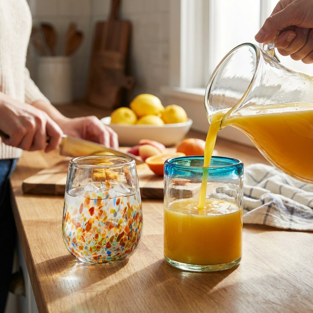 Two recycled artisan-made glasses on a kitchen counter
