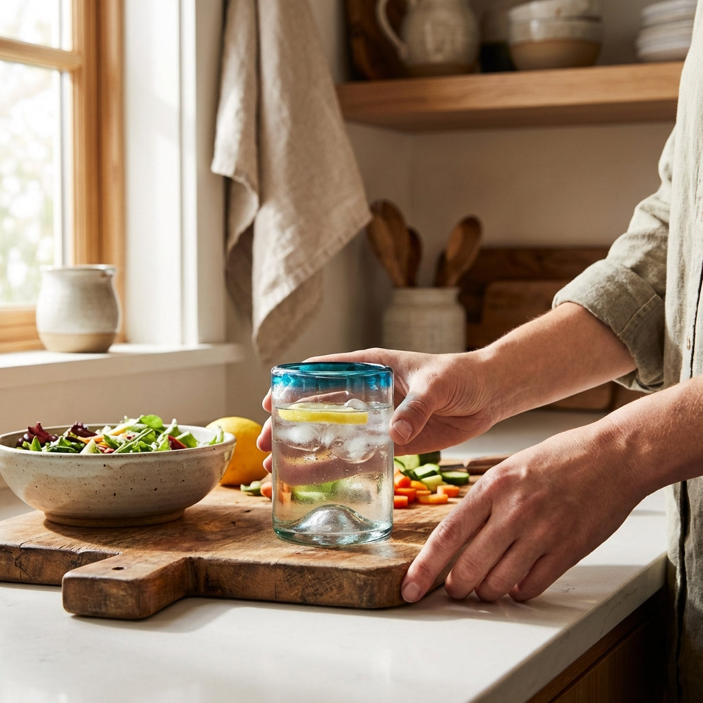 A hand holding a recycled glass tumbler on a kitchen cutting board