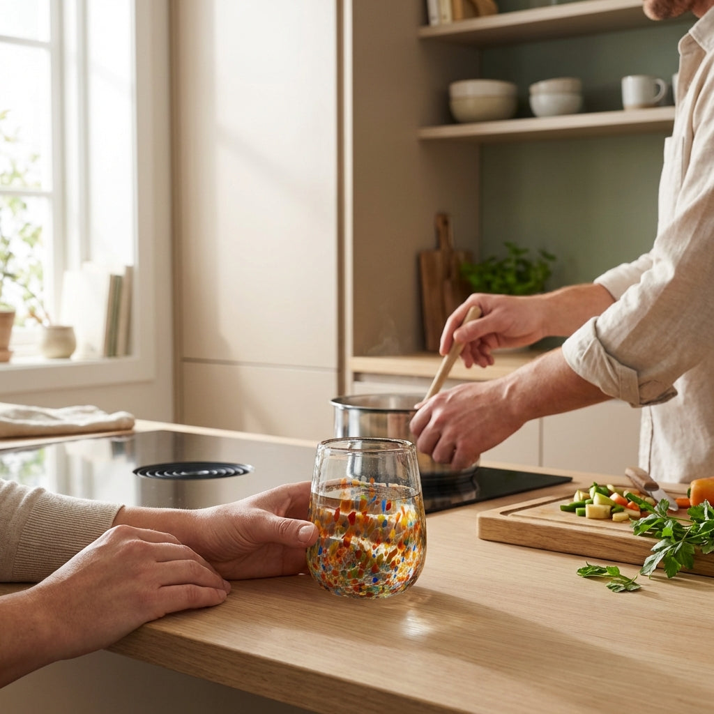 Hand holding stemless wine glass on kitchen counter.